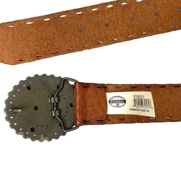 Fossil boho leather Studded Distressed Western Belt Rhinestone Brass Buckle Sz S - Picture 5 of 8